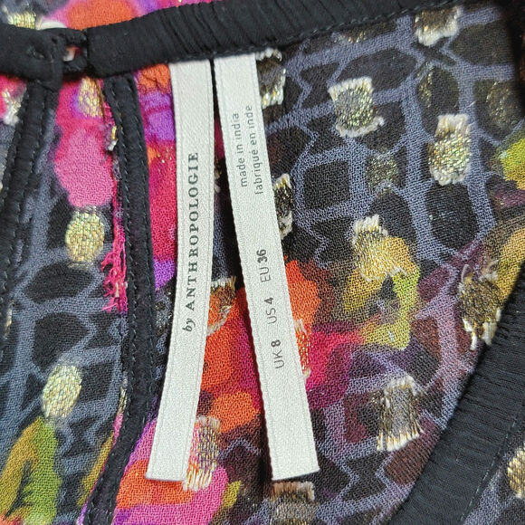 Anthropologie Fiorella Floral Blouse Gold Metallic Beaded Black Pink Red 4 - Picture 14 of 16